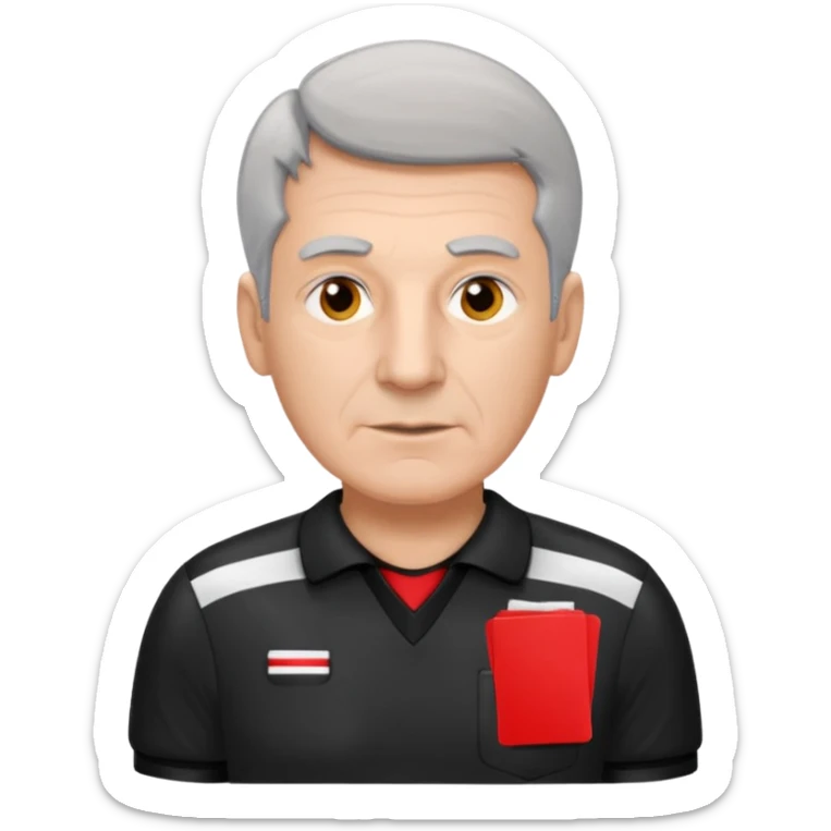 Older Referee – Experienced Look
 Wearing black jersey, gray hair, calm but firm, red card lifted halfway. sticker