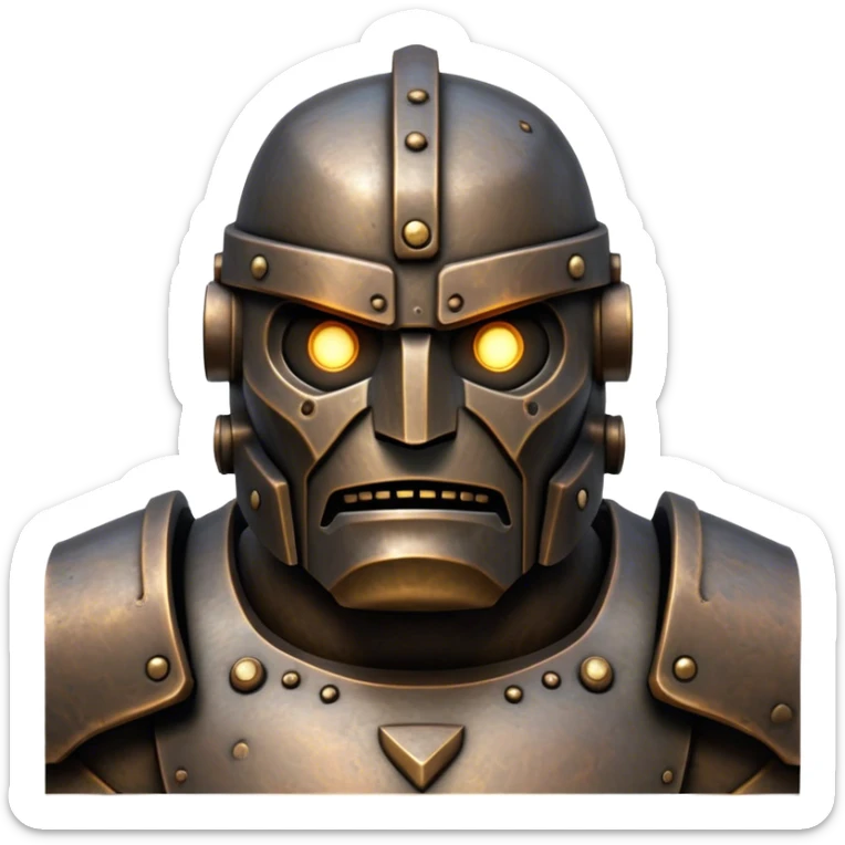 Cinematic Noble Mighty Iron Golem Portrait Emoji Poised and imposing, with a towering, metallic form forged from intricately detailed plates of burnished steel and ancient bronze, etched with faint traces of runes and weathered marks of time. Its piercing, glowing eyes radiate unwavering resolve, casting a solemn and commanding presence; rendered with lifelike texture and natural metallic highlights, high shine, elegant yet indomitable, styled with an aura of legendary endurance, focused and resolute, soft glowing outline, capturing the essence of an eternal guardian, standing vigilant and immovable as if ready to awaken at any moment with unstoppable might! sticker