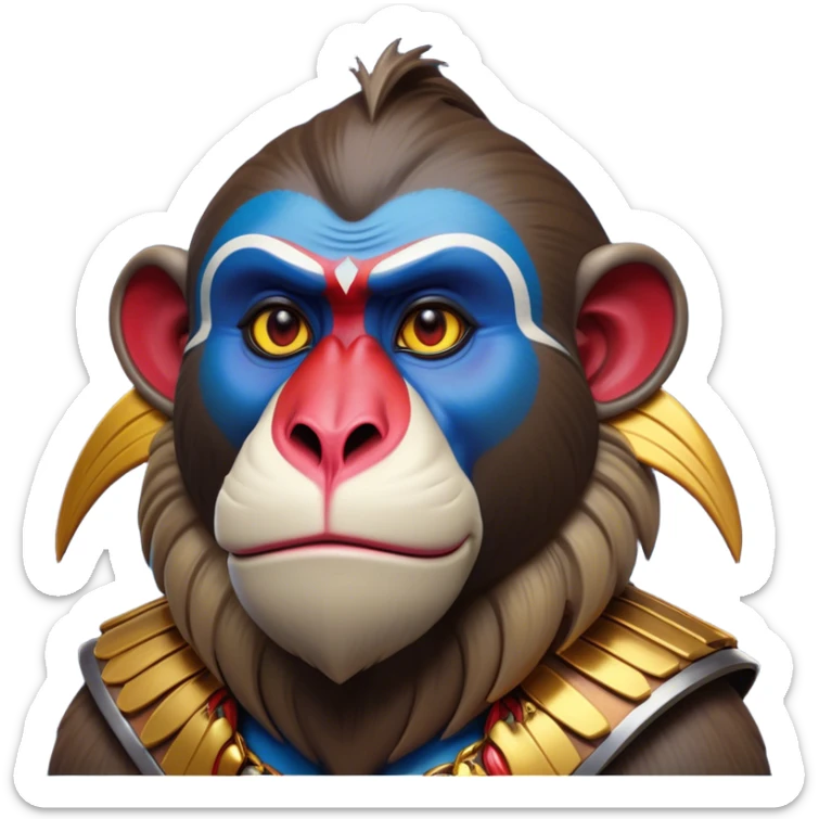 Cinematic Noble Mandrill Portrait Emoji, Poised and regal, with a striking, powerful build and a vivid, multicolored face accented by bold blue, red, and yellow hues, deep-set soulful eyes, Simplified yet sharp and sophisticated features, highly detailed, glowing with a vibrant, dignified glow, high shine, intelligent and commanding, stylized with an air of exotic majesty, focused and attentive, soft glowing outline, capturing the essence of a watchful and confident primate, so majestic it feels as though it could step out of the screen with effortless authority! sticker