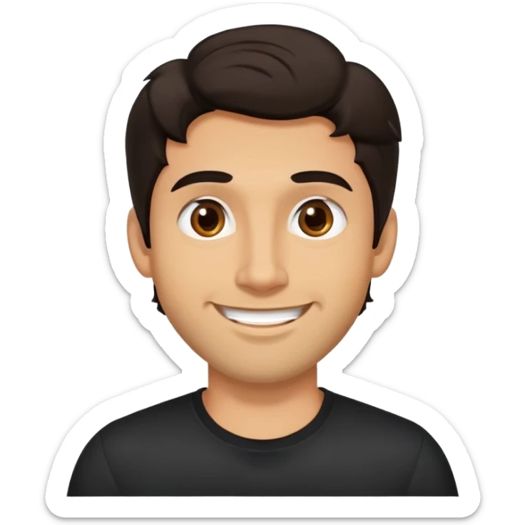 Joven ancho, long hair, pelo largo, cuerpo grande, latino piel canela, cara redonda-ancha, scruff sin barba completa, cejas gruesas, pelo oscuro ondulado flat largo hasta el cuello. Sonrisa amplia, expresión alegre. Camisa negra. Size large.  sticker