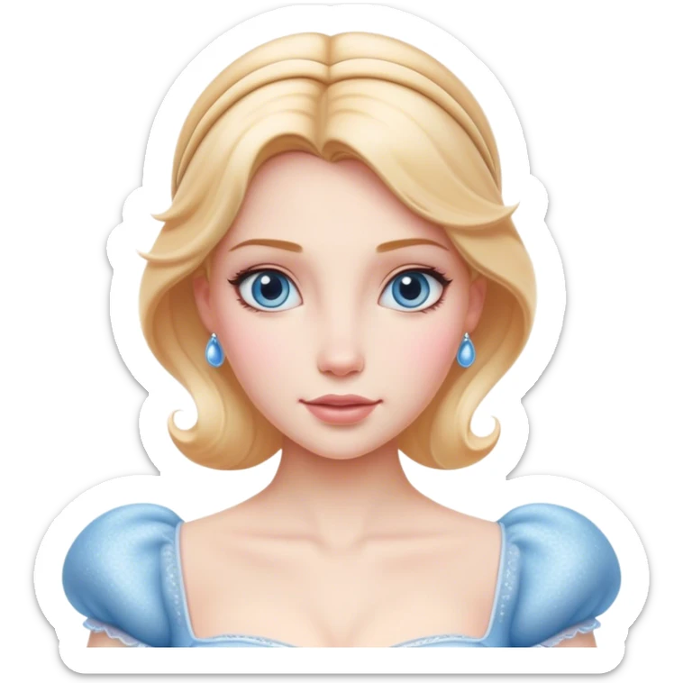 Cinematic Realistic Cinderella Portrait, depicted with lifelike skin texture, subtle rosy undertones, and soft natural lighting that enhances the gentle contours of her face. Her intricately detailed golden blonde hair is elegantly styled in an updo, with delicate wisps framing her face for added realism. Her deep, expressive blue eyes radiate warmth and sincerity, reflecting a quiet resilience and grace. She is dressed in her iconic ball gown, the fabric shimmering with intricate embroidery and fine translucent layers that catch the light beautifully. The soft sheen of satin gloves and the delicate sparkle of a glass-like slipper peeking from beneath her dress add a touch of magical realism. The portrait features an enchanting glow with a natural, luminous finish, seamlessly blending realism and fairytale charm to evoke a sense of depth, elegance, and timeless beauty. sticker