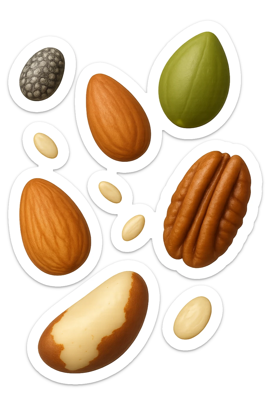 emoji stile iphone 3d di questi elementi che fluttuano in aria:

Semi di chia, lino, zucca, sesamo
Mandorle, noci pecan, noci brasiliane (porzioni limitate)

 che fluttuano sparse casualmente in aria, iperealistico 4k sticker