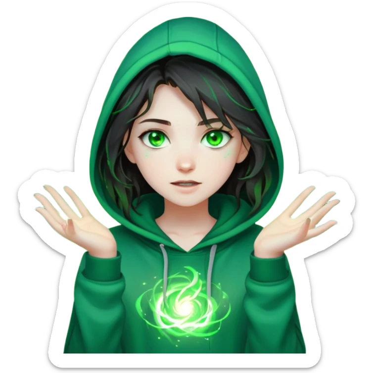 a teenage girl with pale skin, dark messy hair, glowing green eyes, wearing casual, modern clothes like a hoodie and jeans. She’s surrounded by swirling green magical energy with sparks of magic around her hands.” sticker