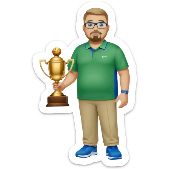  full body white obese male basketball coach with trophy. Goatee , Wearing glasses and blue and green nike polo shirt and khaki pants sticker
