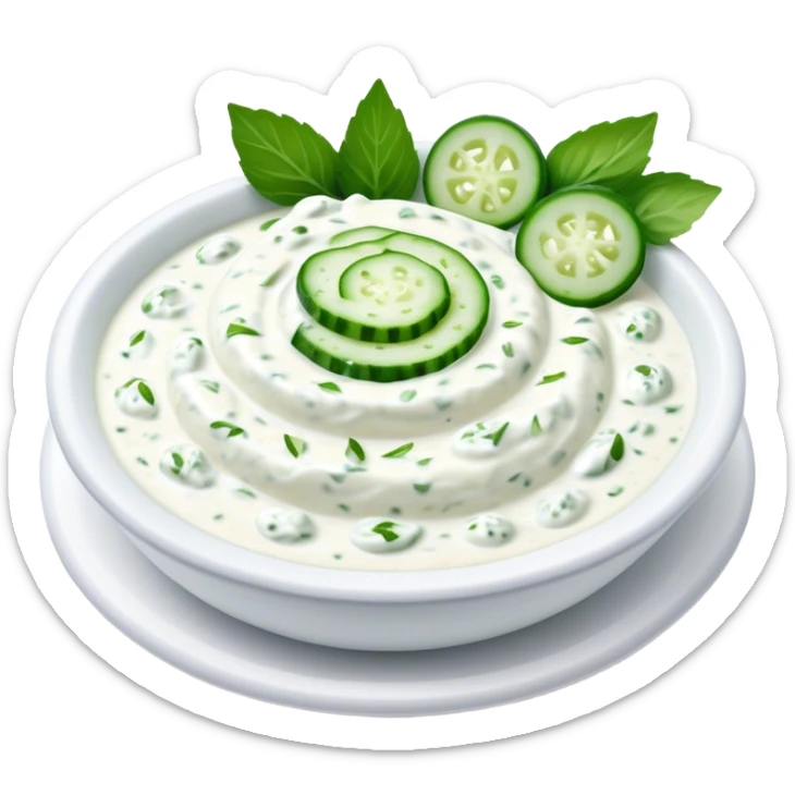 Cinematic Realistic Tzatziki Dish Emoji, featuring a creamy, tangy yogurt sauce with cucumber and herbs rendered with soft textures and cool, refreshing lighting. sticker