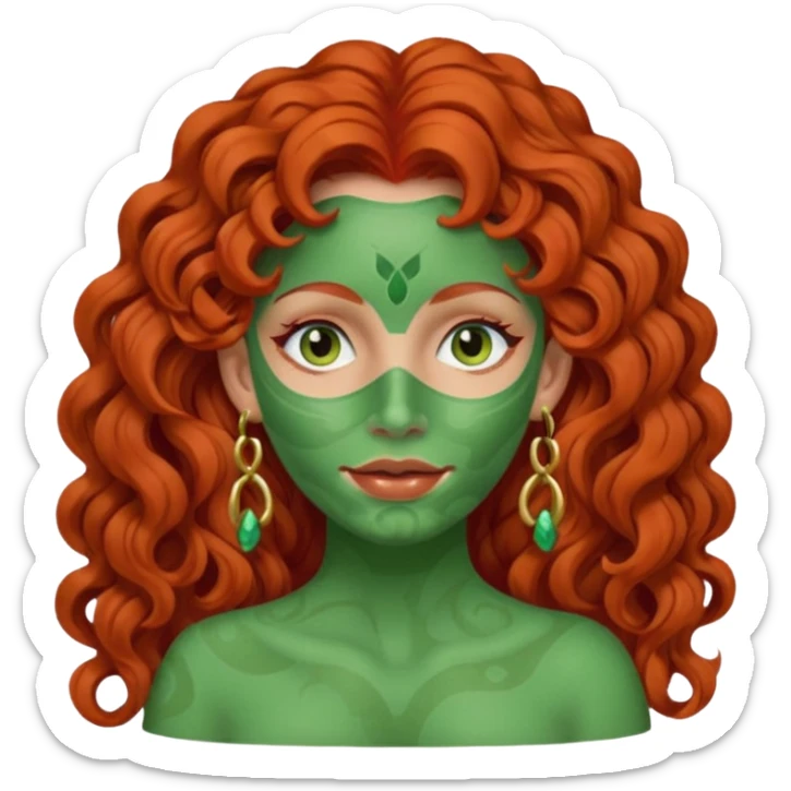 red haired very long curly haired woman with full face green clay mask  and big earrings  sticker