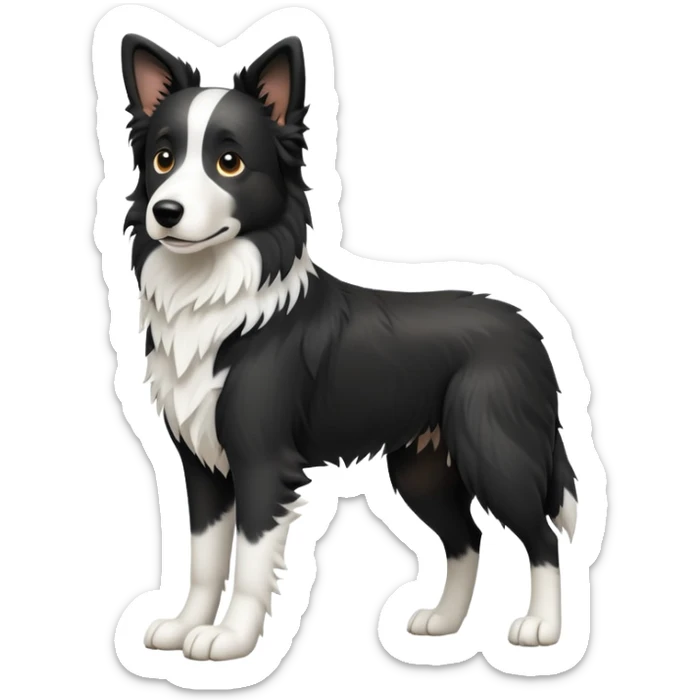 cinematic-[border collie dog]-realistic-full-body-sitting-emoji,-tail-resting-loosely-beside-its-paws,-head-tilted-dramatically,-scruffy-[black and white]-fur,-simplified-yet-realistic-focused-features,-highly-detailed,-glowing-with-an-almost-sarcastic-glow sticker