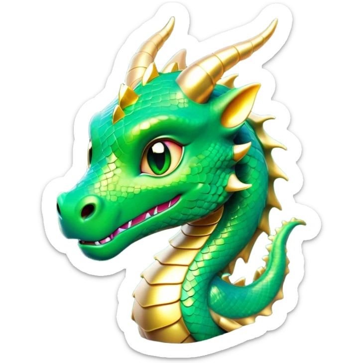 Cinematic Cute Dragon Portrait Emoji, Head tilted playfully and inquisitively, featuring a sleek, serpentine form adorned with iridescent scales that shift between emerald and gold, a delicate set of subtle horns, and round, sparkling eyes full of curious magic; rendered with realistic detail and warm natural light, high shine, affectionate and enchanting, styled with a touch of whimsical fantasy, soft glowing outline, capturing the essence of a mischievous yet lovable dragon that seems poised to slither playfully into your arms! sticker