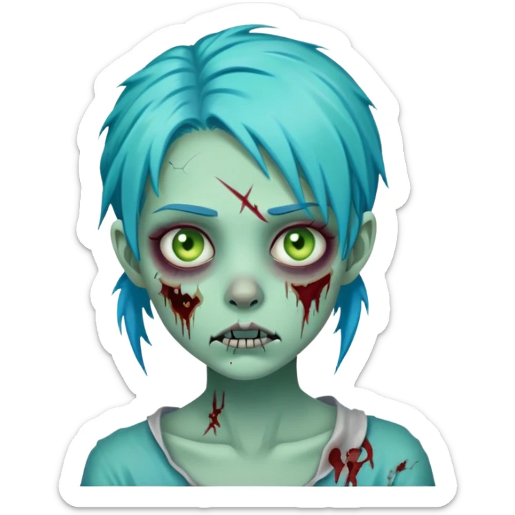 zombie girl with turquoise blue hair, pale green skin, stitches on face, cartoonish undead appearance sticker