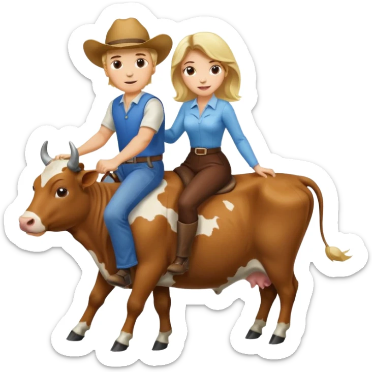 Do a man and a woman riding cows , the man is blond and woman a brunette sticker