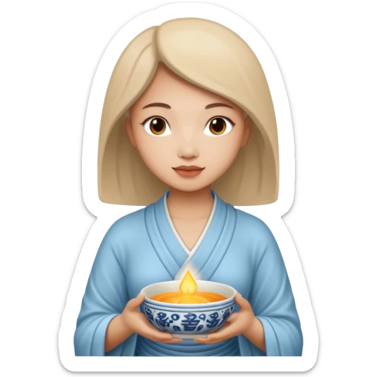 A woman holds a Buddhist empty bowl in her hands. There is a glow around the girl. sticker