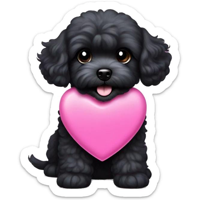 Black maltipoo dog sticking out tongue and happy with a blue collar that has a pink heart tag sticker
