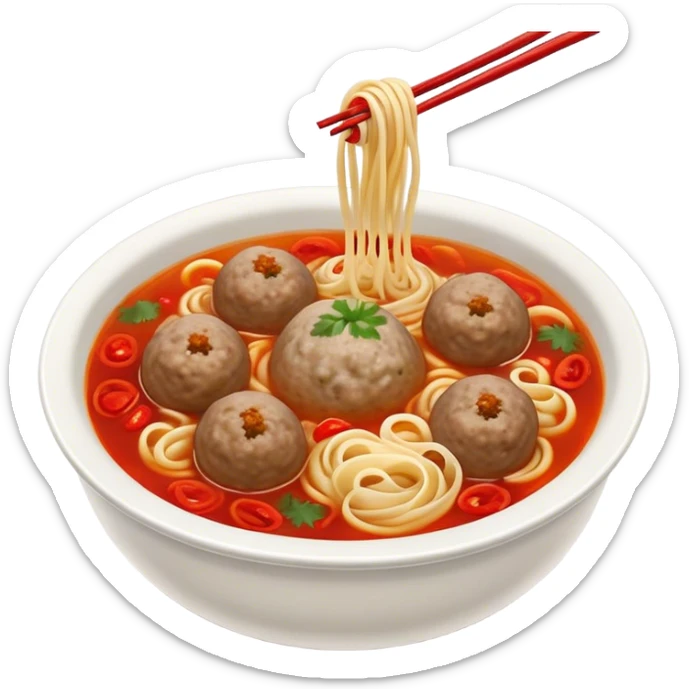 Cinematic Realistic Bakso Dish Emoji, showcasing savory meatball soup with noodles rendered with detailed textures and warm, inviting lighting. sticker