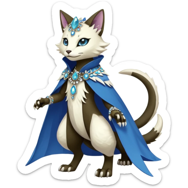 Kawaii cute beautiful pretty elegant divine edgy feline-vernid-sergal-Fakémon-Pokémon-Digimon-fursona-animal-creature, full body, with intricate detailed markings, Embroidered capelet, Gem-studded horn ring sticker
