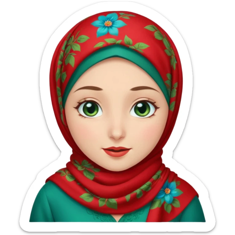 Turkish beautiful finish Konya girl blue eyes with red floral hijab and green red dress and she winked  sticker
