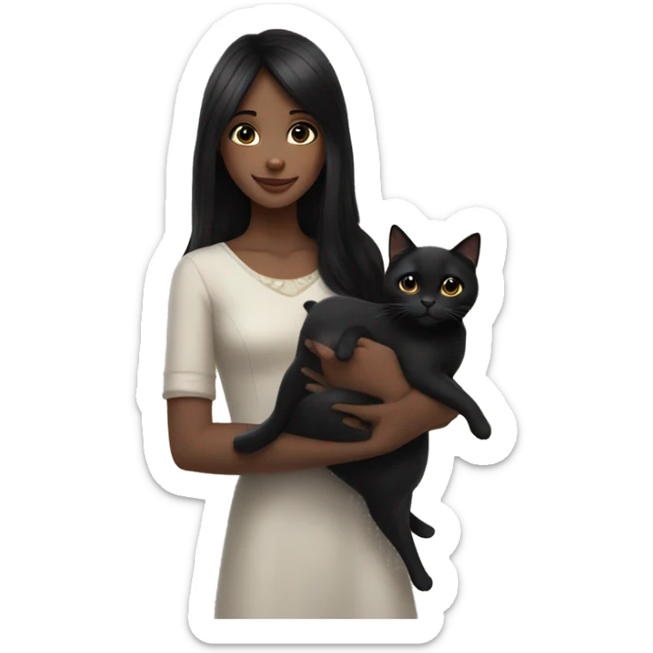 A girl with black hair and black eyes, large and very beautiful, gently smiling, holding a black cat in her hand—absolutely stunning. sticker