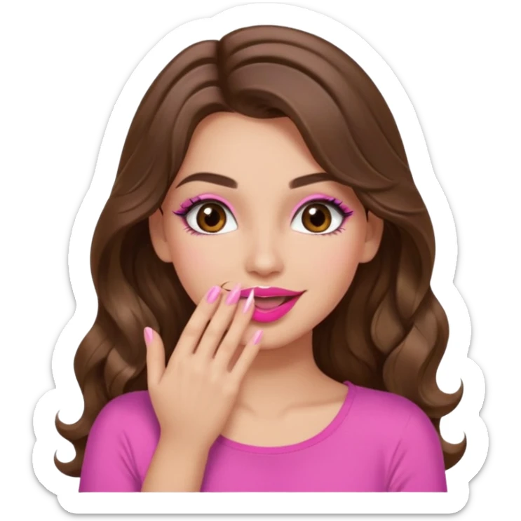 girl with long wavy brown hair, brown eyes, long lashes makeup, sexy pink lips, light to medium complexion, pink sexy top, smiling, hand covering mouth sticker