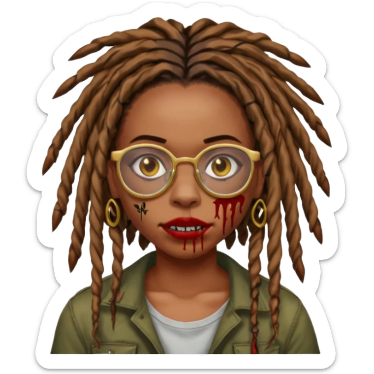 an african american girl with mid back length dread locs black glasses scar on the right side of face its like a red brown line im gold grills zombie mouth locs upfront sticker