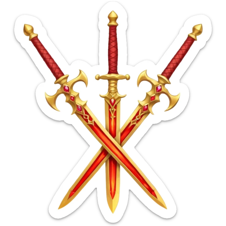Two crossed swords that are golden in blade and handle and have fiery and royal appearence to them as well as red gem stones yellow in color sticker
