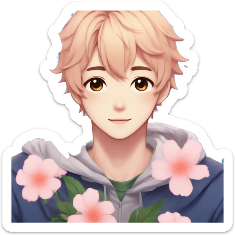Gorgeous anime style shojo guy with blushing face and flowers aesthetic trending style outside sticker