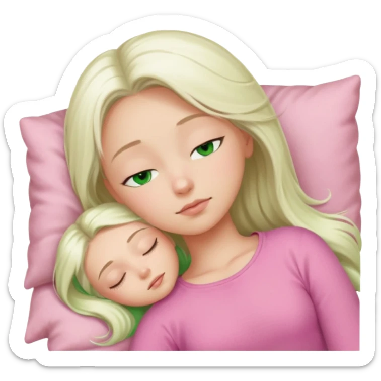 Long platinum blonde hair girl with green eyes in  pink top sleeping  sticker
