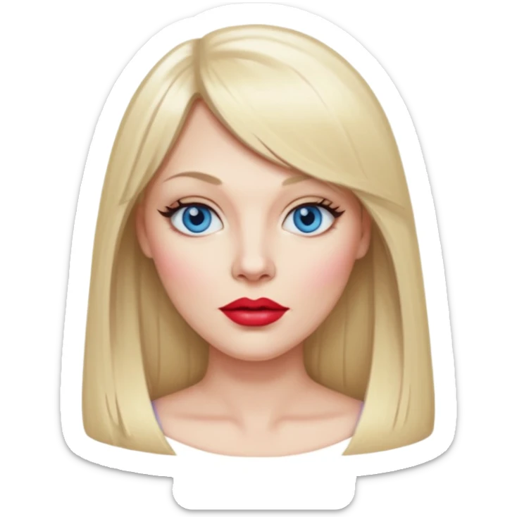 40 yr old white woman, pale skin, long straight blond hair parted in center, blue eyes, bangs sticker
