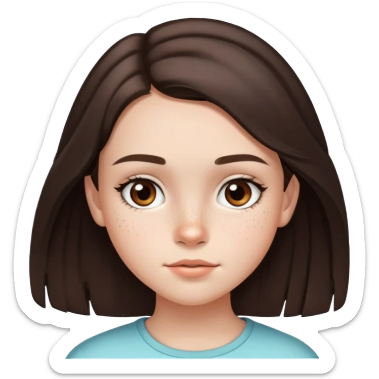 13 year old girl with mid length dark brown hair with minimal highlights, freckles, big forehead and nice lips sticker