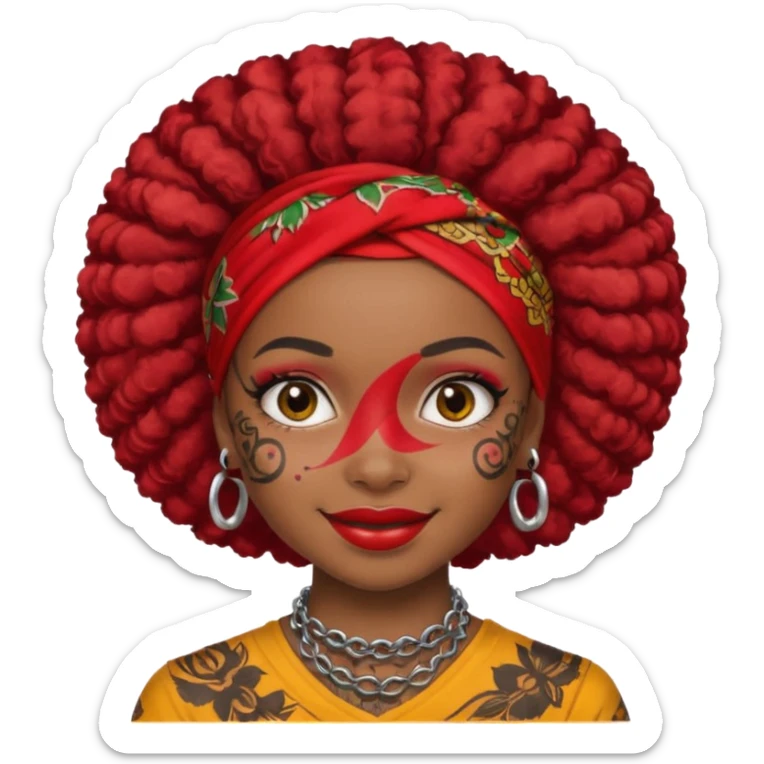 afro black hair with red head bandana and lots of face tattoo black skin girl sticker