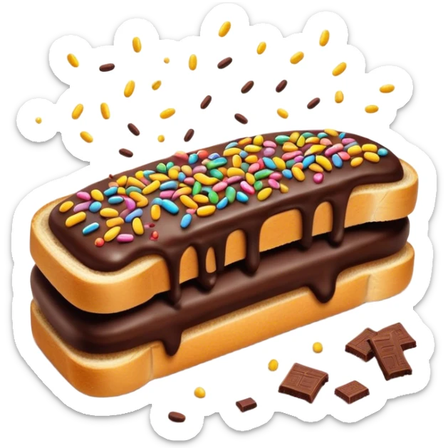 Hagelslag Cinematic Realistic Hagelslag Treat Emoji, depicted as crunchy chocolate sprinkles scattered on a slice of buttered bread, rendered with vivid textures and playful, inviting lighting. sticker