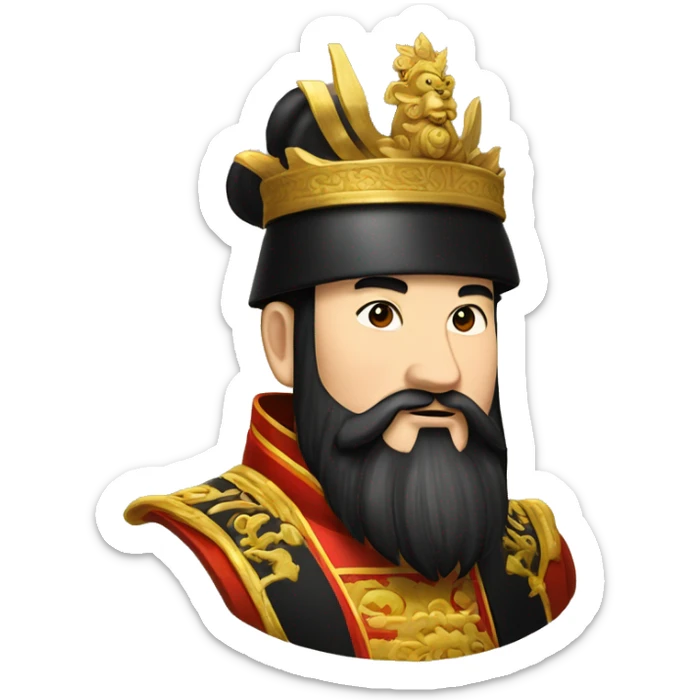 The Chinese emperor,with black hair and black beard,wore a high black golden hat  sticker