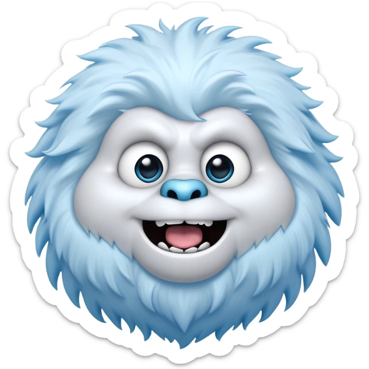 Cinematic Comical Yeti Portrait Emoji, with a cartoonishly exaggerated, fluffy figure in cool, frosty whites and icy blues, head tilted in an overly surprised expression with wide, comically sparkling eyes and a quirky, open-mouthed grin, simplified yet hilariously detailed, glowing with a soft frosty outline capturing the meme-worthy fun of a yeti in playful shock! sticker