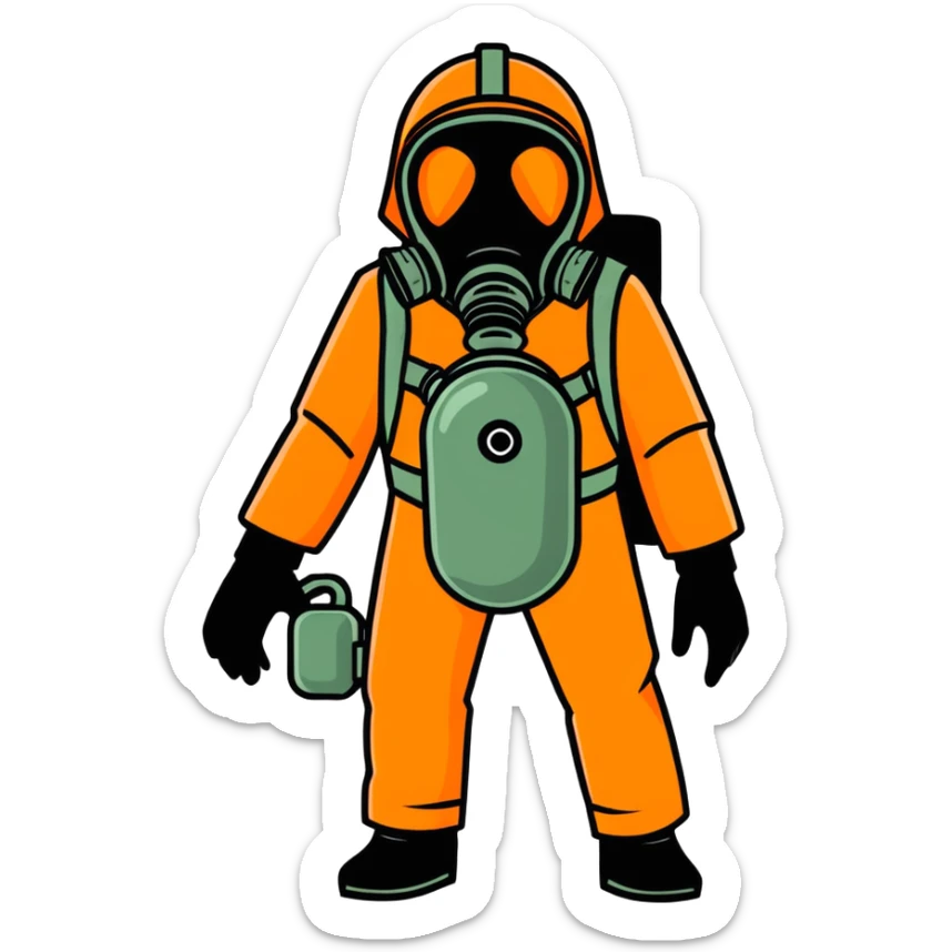 person in an orange suit, wearing a gas mask and black gloves sticker