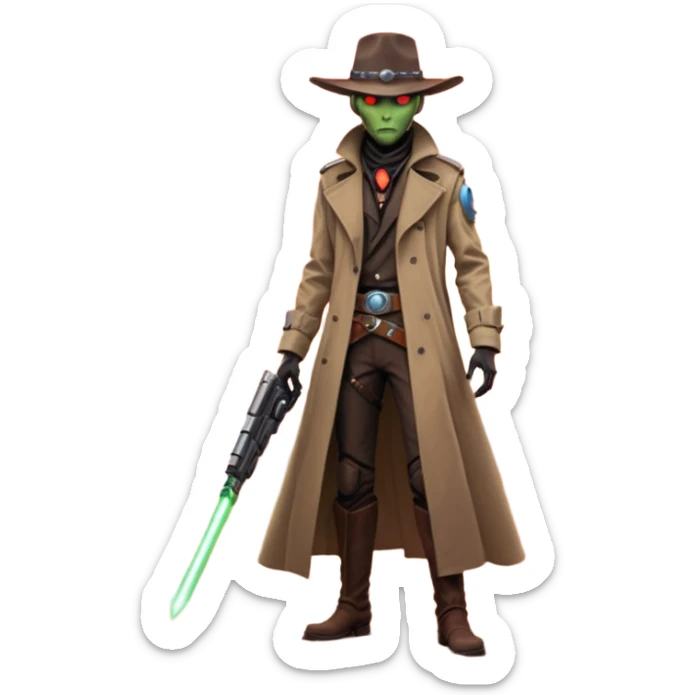 A tall alien cowboy standing in a dusty desert on an alien planet, wearing a futuristic cowboy hat and long trench coat, glowing eyes, twin plasma revolvers on his belt, dramatic sunset, cinematic lighting, ultra realistic, high detail, epic sci-fi western atmosphere

 sticker