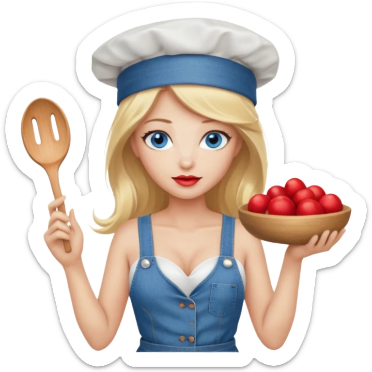 Beautiful, sexy,  long blonde hair, blue eyed, full red lips plunging v neck shirt, denim shorts, chef hat  sticker