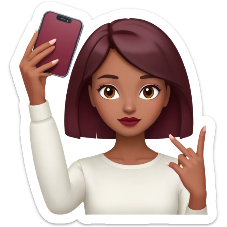 A brunette girl with a square hairstyle , selfie burgundy sticker