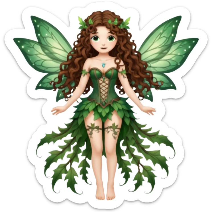 full body woman long curly brown hair brown eyes white skin tattoos dressed as glowing forest fairy with translucent wings and vine corset sticker
