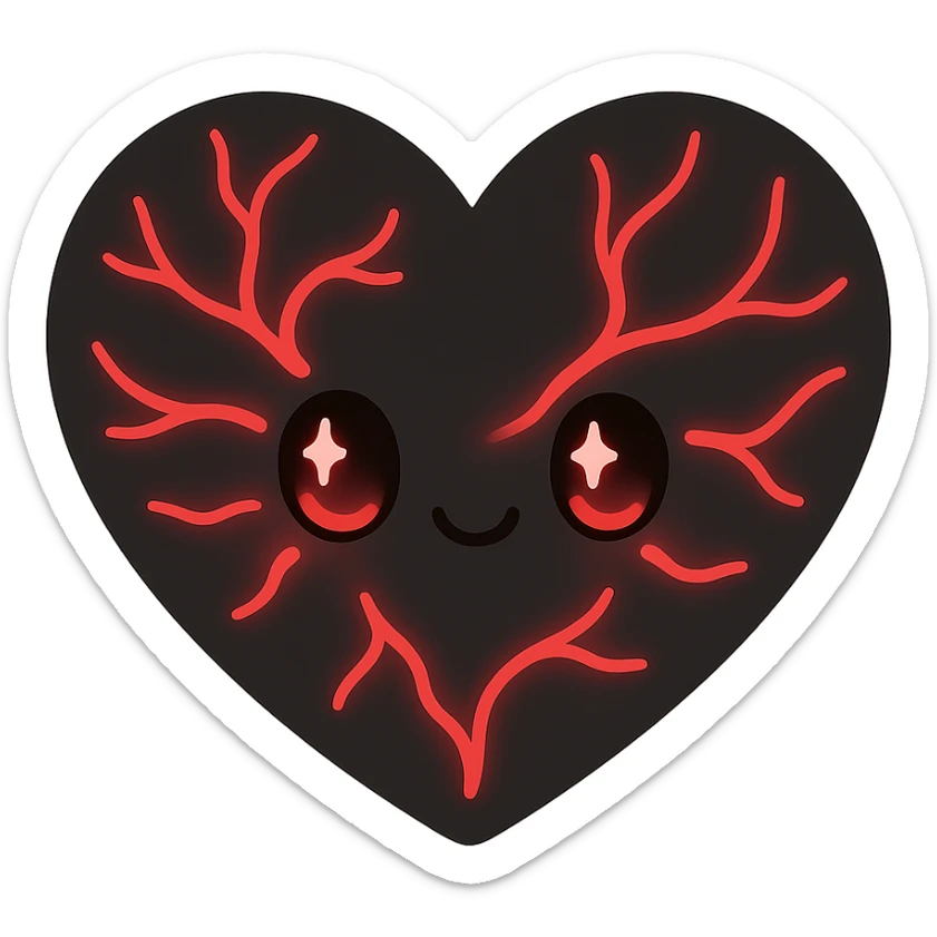 black gothic heart with glowing red veins, ornate, dark, elegant, kawaii style sticker