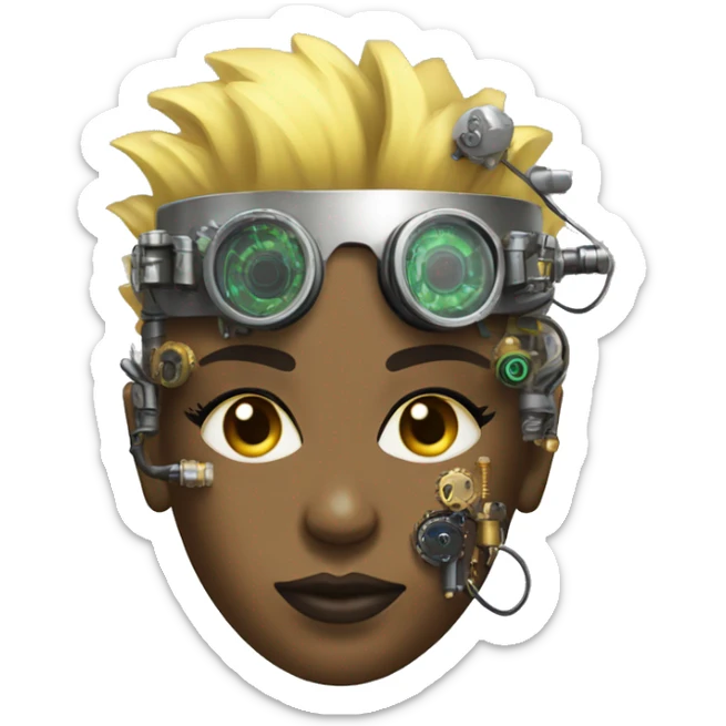Light yellow Mohawk hair female cyborg head, dark skin, steampunk goggles and circuits sticker