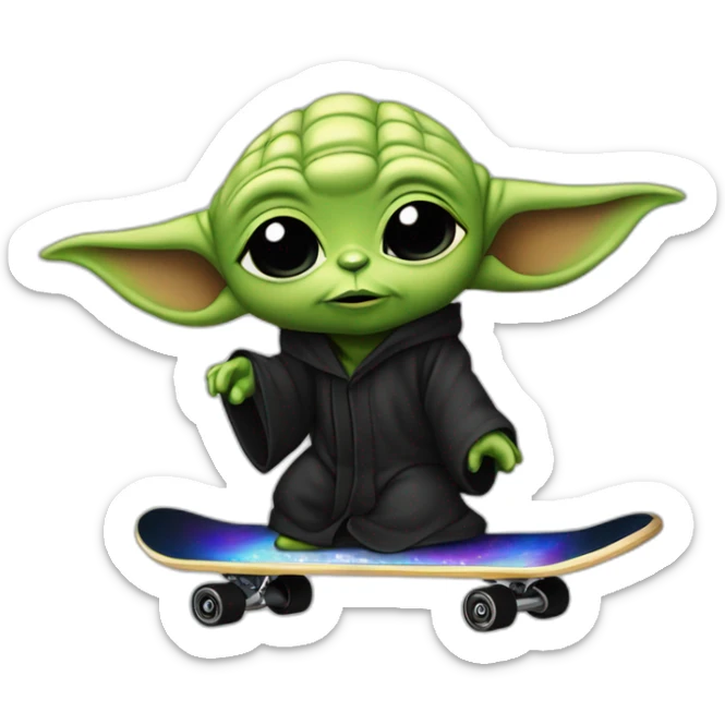 bebe yoda arc-en-ciel qui fait du skate en nageant dans une mer noir sticker