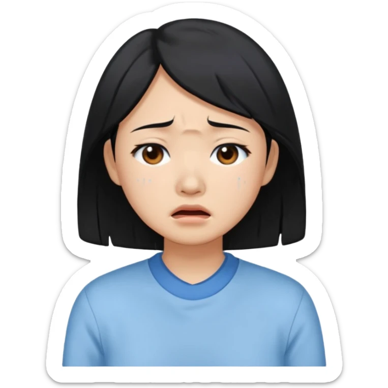 A crying East Asian woman with black hair, wearing light blue clothing. Her skin appears dry. sticker