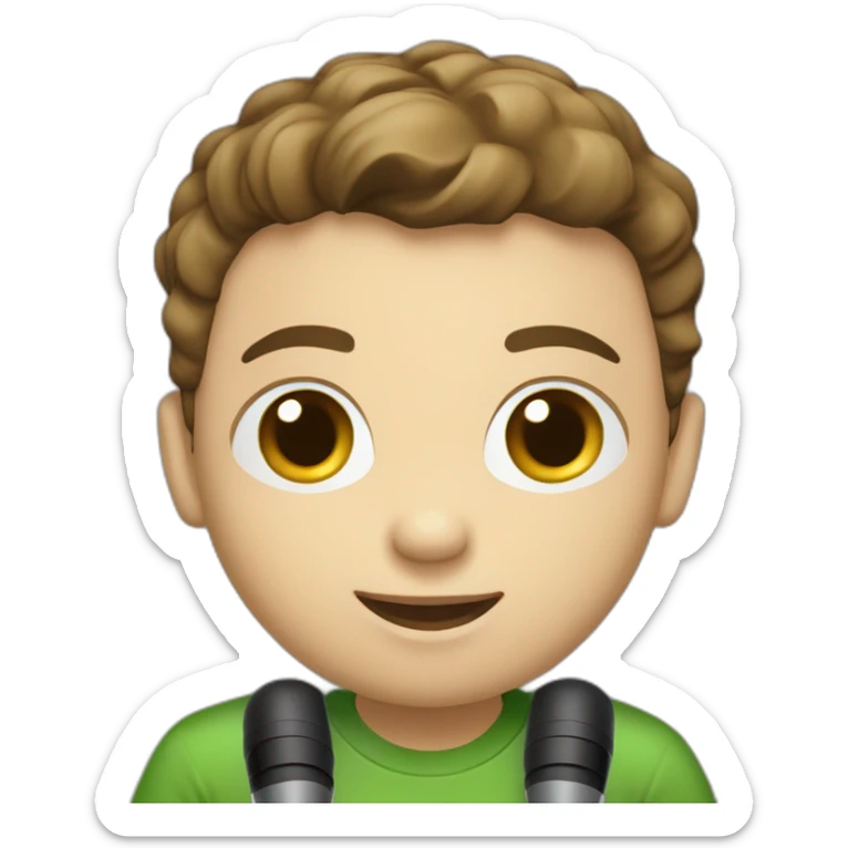 Young boy in a green t_shirt , short balck hear , white skin , brown eyes , with a laptop and microphone sticker