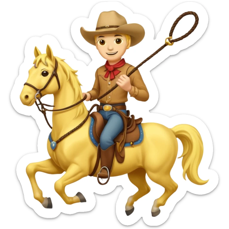 Cowboy riding a horse with whip. Cowboy With yellow skin and smilling. Simplize it and I need a full pic with horse. Like I need the leg part too sticker