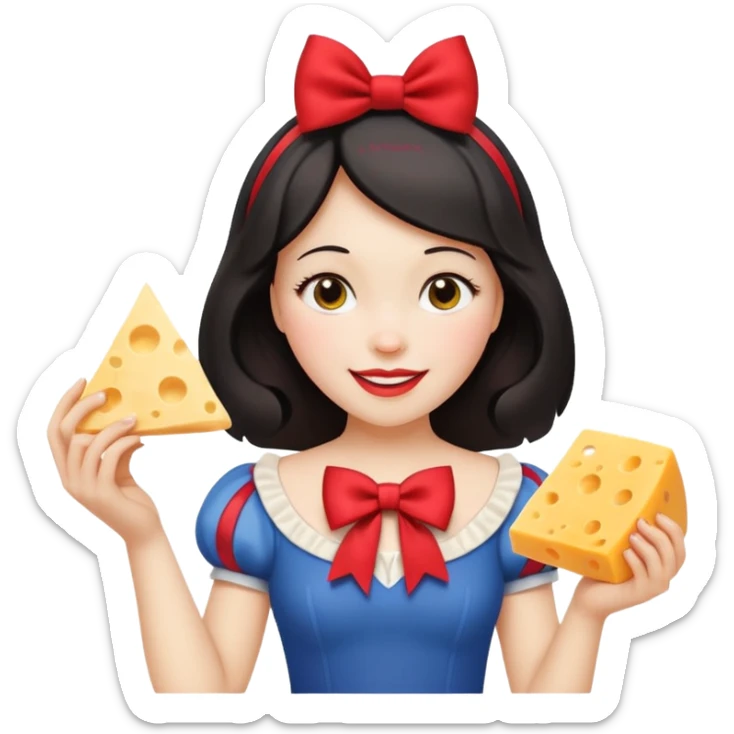 Happy Snow White with red bow in hair and holding triangle wedge of cheese sticker