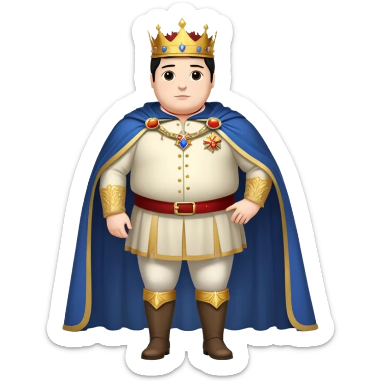 Full body of tall, chubby Francisco I with black hair, royal king standing in royal attire with crown and cape, elongated figure sticker