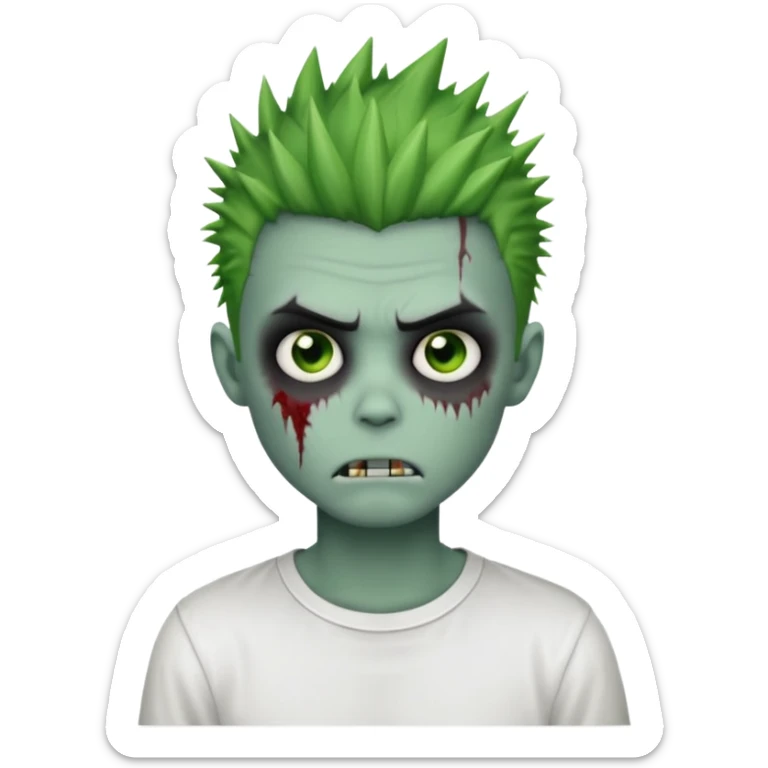 zombie boy with spiky emo hair, white shirt, green skin, classic emoji style sticker