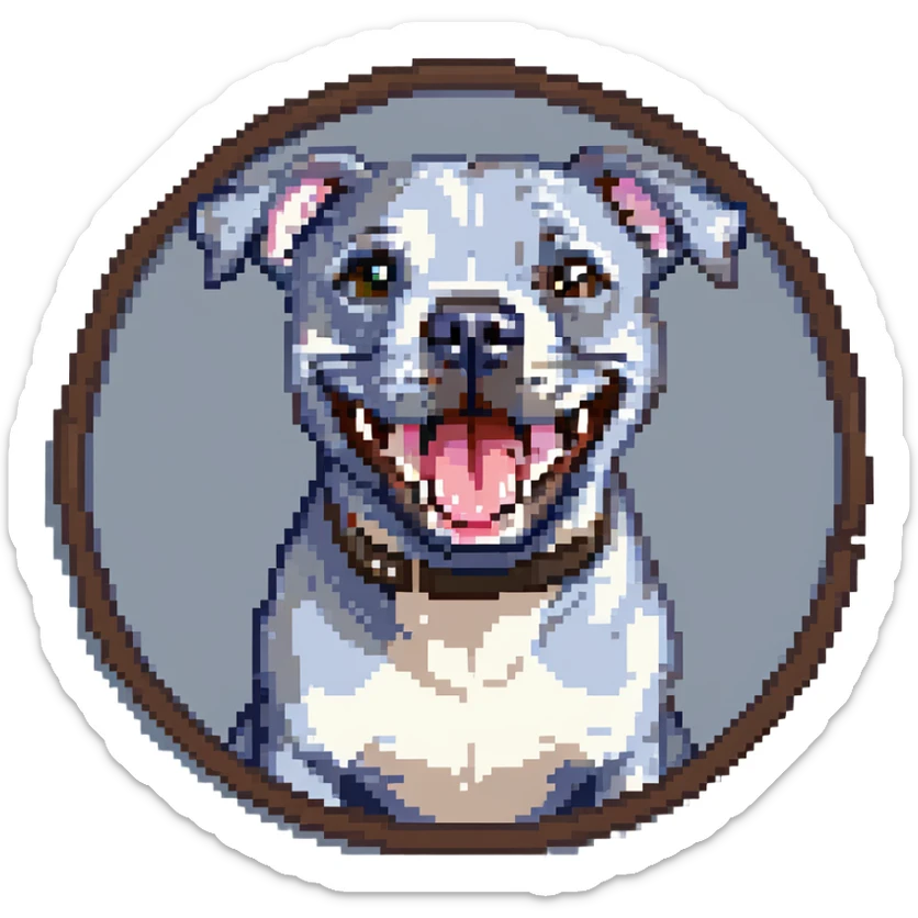 round circle puppy head only, full grey bleu staffy, big open mouth, big tongue out, stupid expression sticker