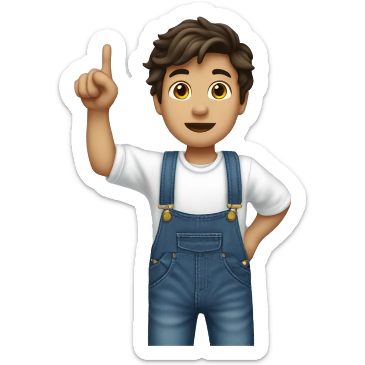 boy pointing to the sky, dark brown wavy hair, wearing blue jeans overalls and white shirt. half body shot. view from behind, back. sticker