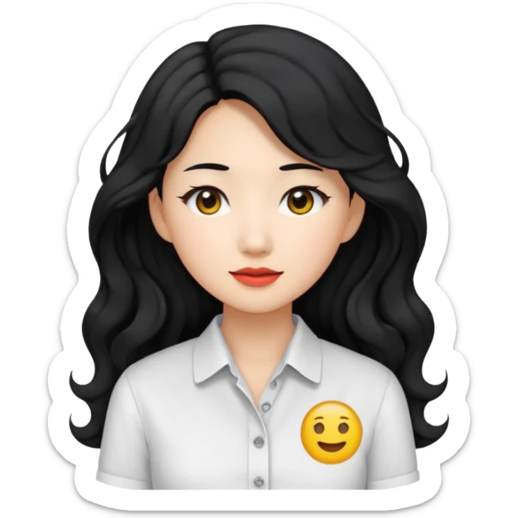 Asian woman, black hair, long permed wavy hair, white button-up shirt, emoji style, flat colors, transparent background. sticker