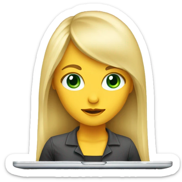 Young woman, long blonde hair with bang, green eyes working on laptop  sticker