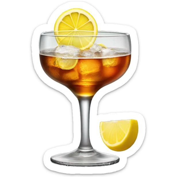 A glass of jagermeisteir with an ice cub and a slice of lemon sticker